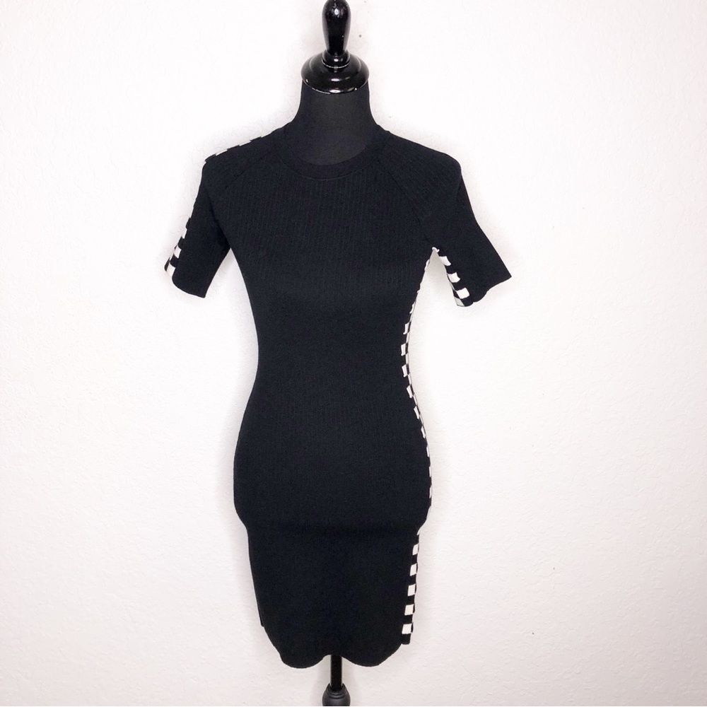 Alexander Wang black white checkered open trim ribbed‎ knit bodycon dress Small